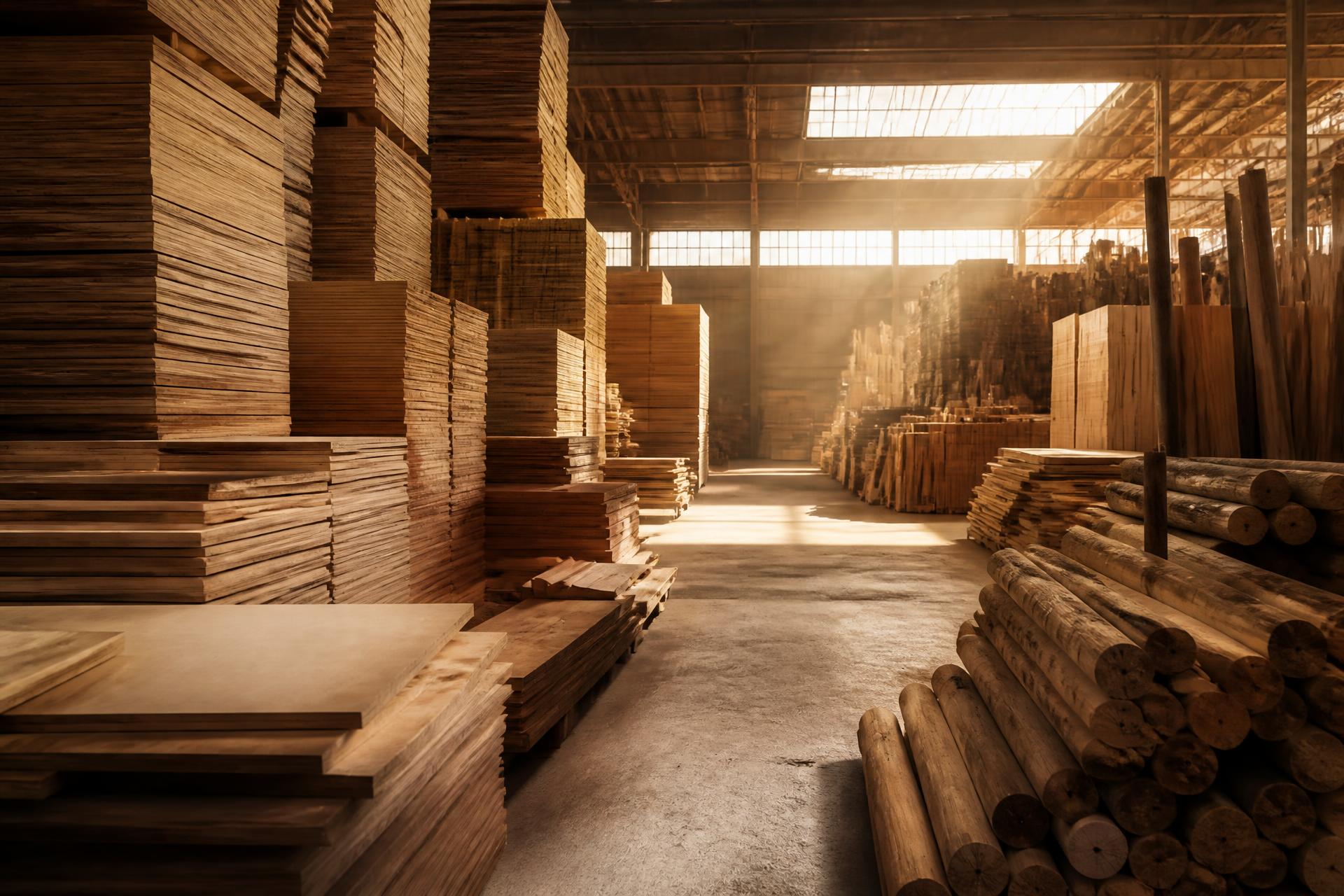 Timber and plywood warehouse interior with warm sunlight