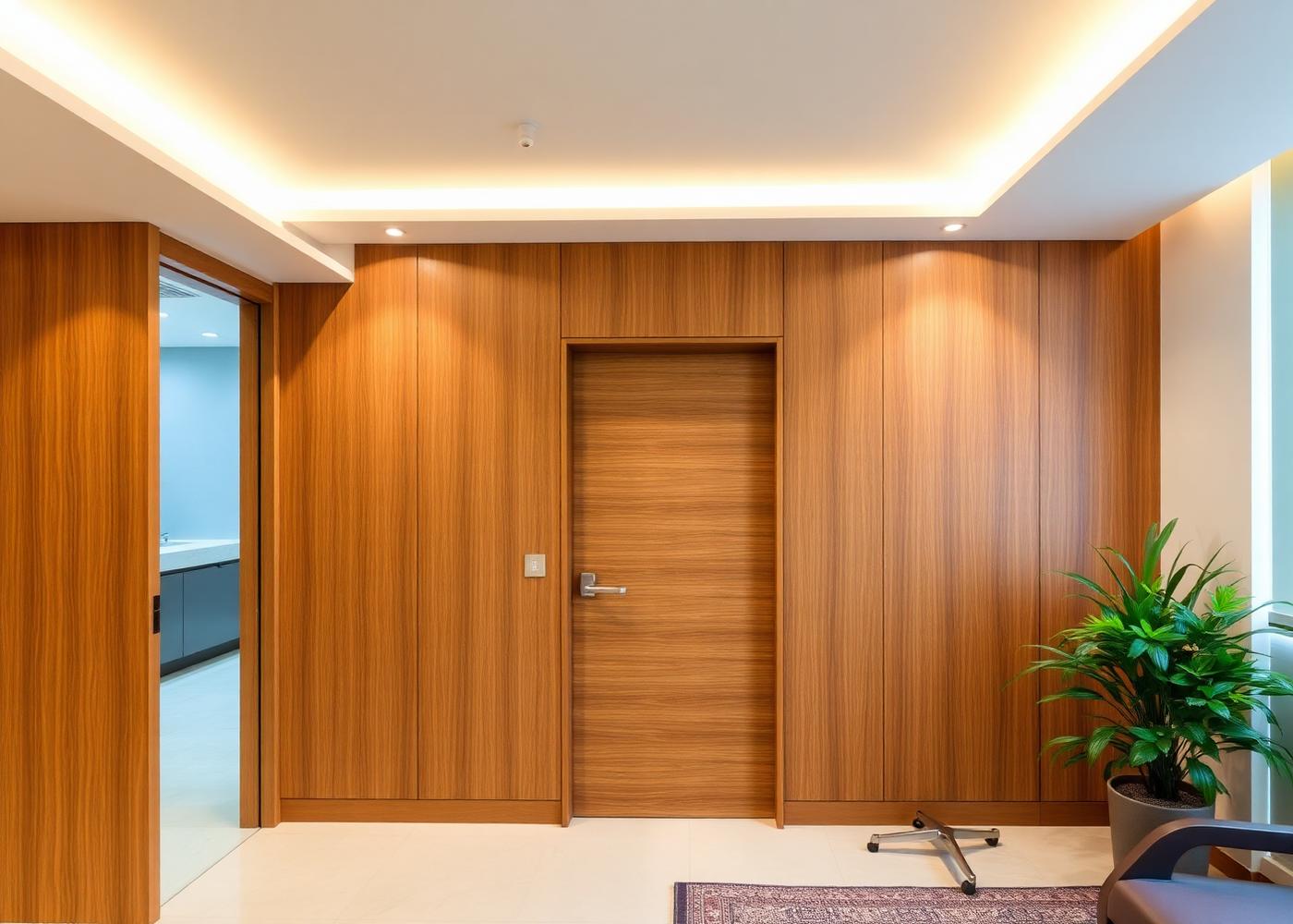 Office cabin panelled in natural veneer