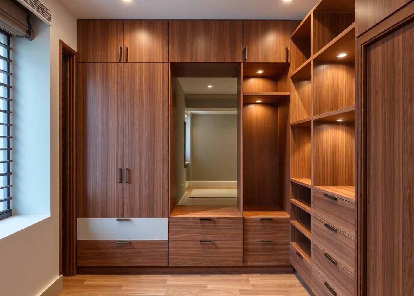 Modern walk-in wardrobe built with block board